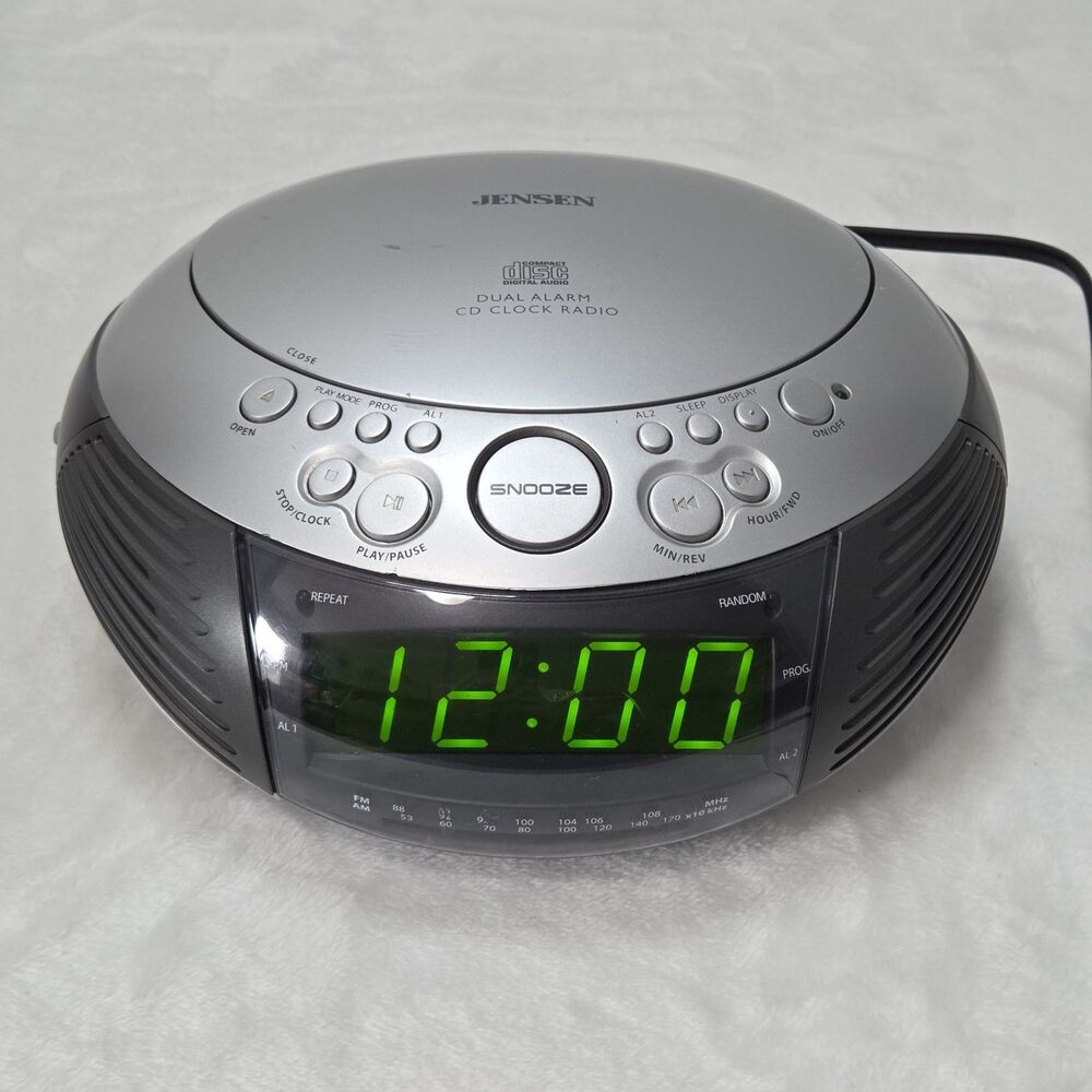 Jensen JCR-332 Dual Alarm CD Clock Radio AM FM Tested Working Silver